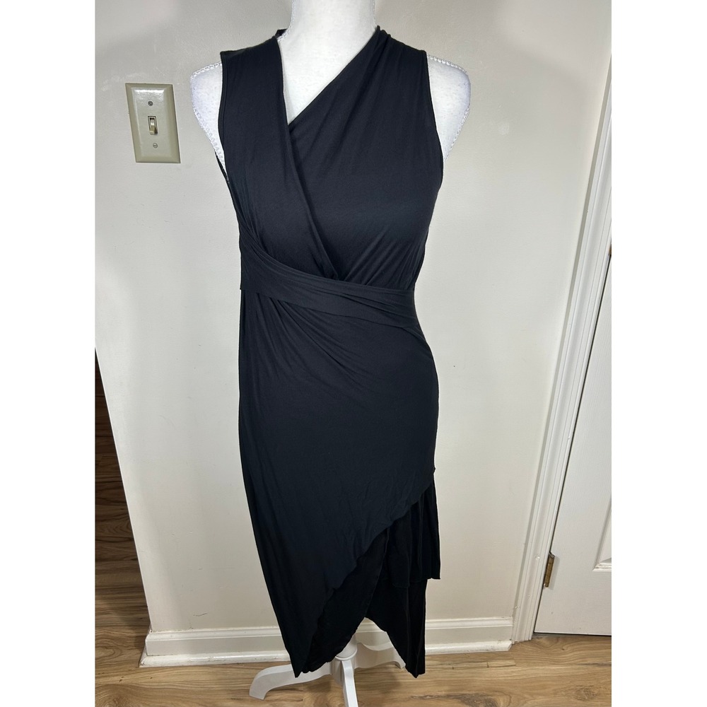 Helmut Lang Midi Dress S Black Draped Wrap Asymmetrical‎ Micro Acrylic Sleek LBD